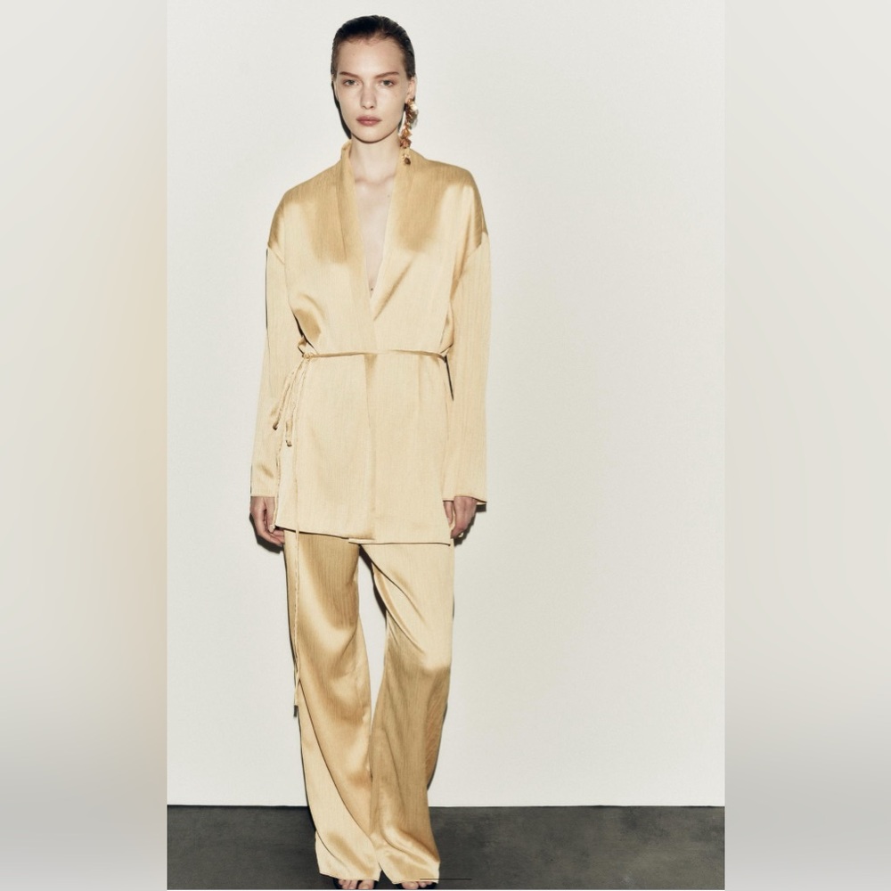 ZARA YELLOW MEDIUM / LARGE  BLAZER KIMONO & PANTS SET NEW GOLD DRESS WRAP ROMPER